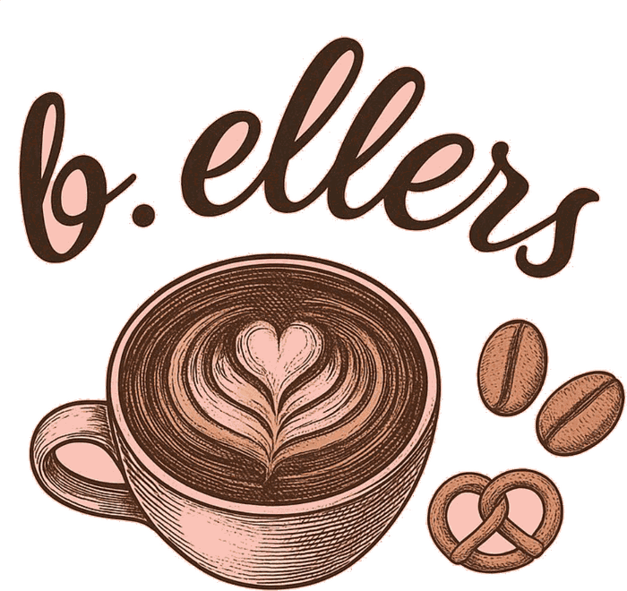 b.ellers – Kaffeetasse mit Herz, Kaffeebohnen und Brezn